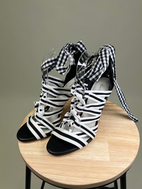 Gianni Bini Black and White Striped Gingham Polka Dots Strappy Heels Size 9 - Picture 7 of 14